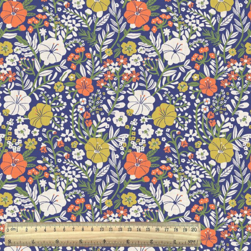 Printed Cotton BLOSY Cobalt / Carrot